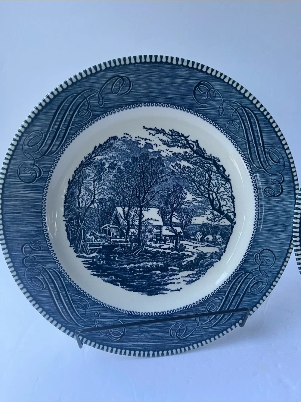 VTG Royal (2) Currier & Ives Blue Scroll Dinner PlatesThe Old Grist Mill USA